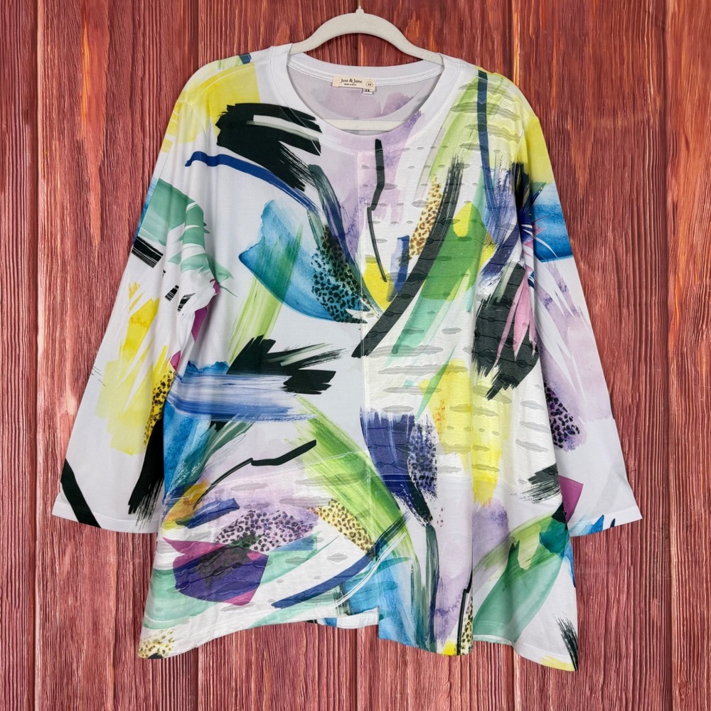 Jess & Jane Women 1X Abstract Print Burnout Tunic Top Multi-Color Art to Wear